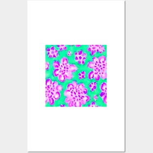 Purple daisies on green watercolor seamless pattern Posters and Art